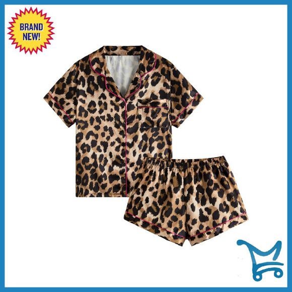 Women's Satin Pajama Set Leopard Print Button Front Shorts Sleepwear